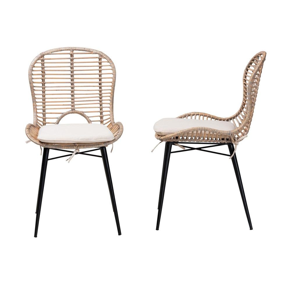 Bohemian Greywashed Rattan and Black Metal 2-Piece Dining Chair Set