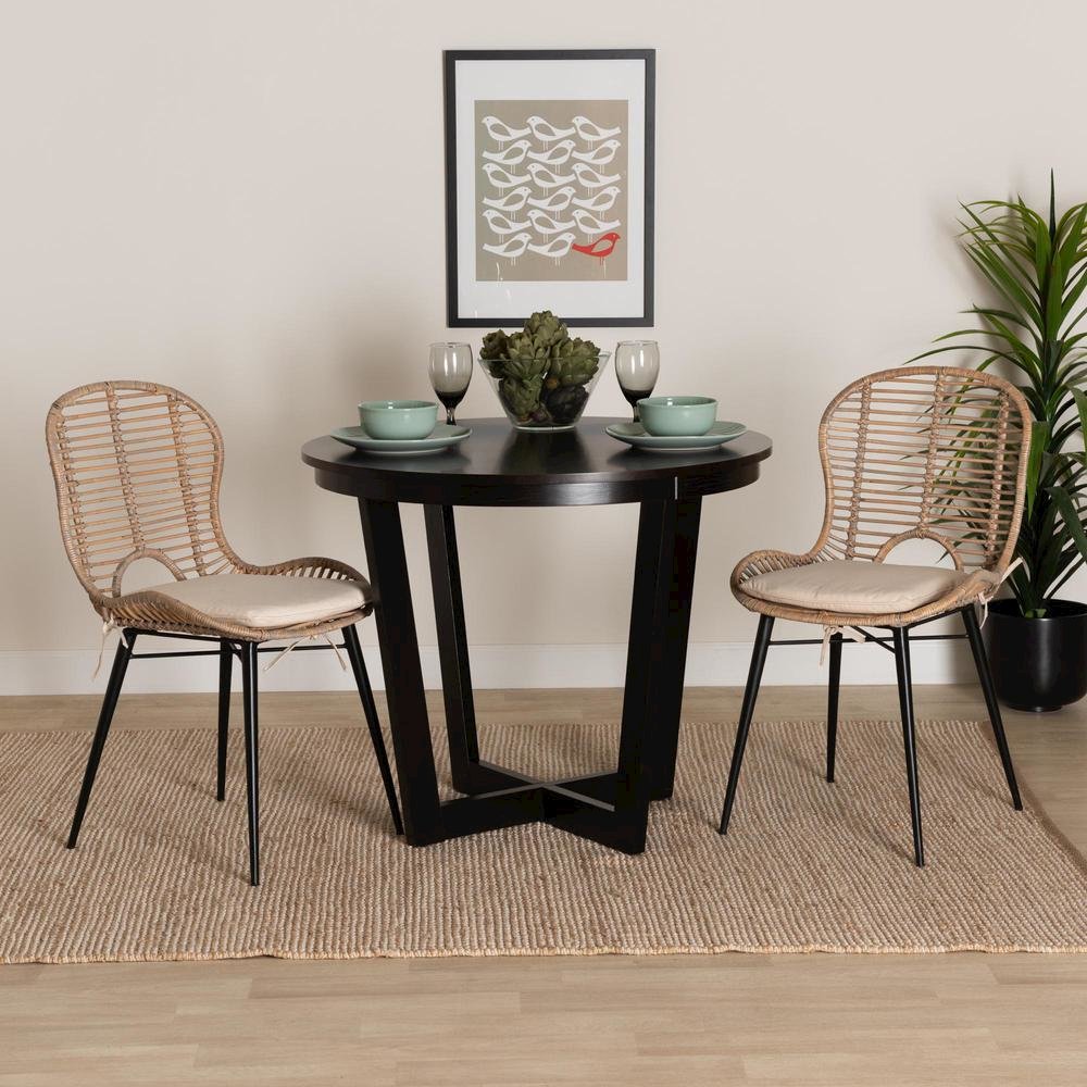 Bohemian Greywashed Rattan and Black Metal 2-Piece Dining Chair Set
