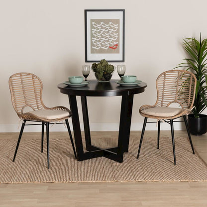 Bohemian Greywashed Rattan and Black Metal 2-Piece Dining Chair Set