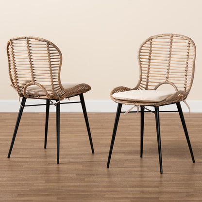 Bohemian Greywashed Rattan and Black Metal 2-Piece Dining Chair Set