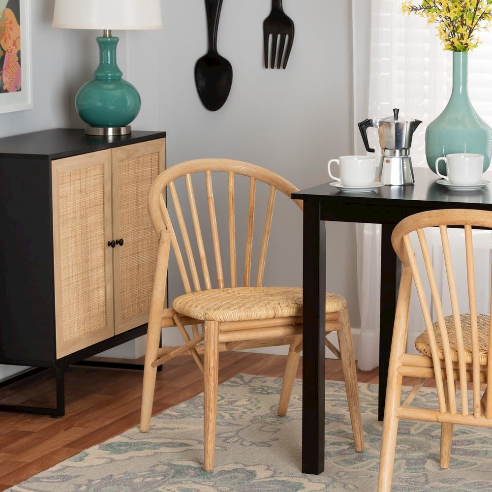 Natural Brown Finished Wood and Rattan Dining Chair