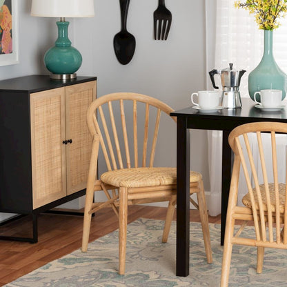 Natural Brown Finished Wood and Rattan Dining Chair