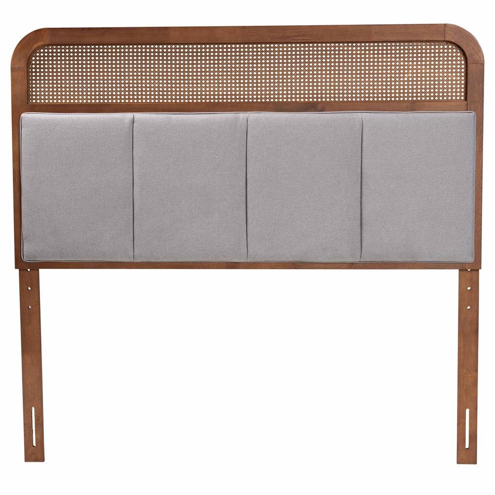 Light Grey Fabric and Ash Walnut Finished Wood King Size Headboard with Rattan