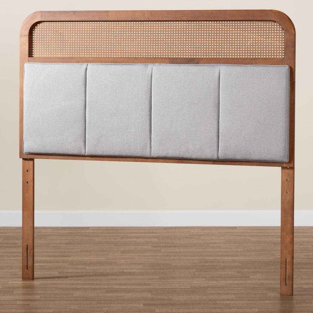 Light Grey Fabric and Ash Walnut Finished Wood King Size Headboard with Rattan