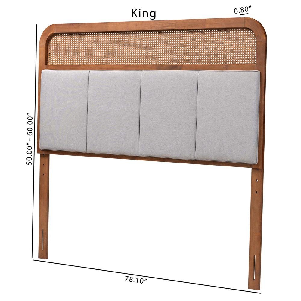 Light Grey Fabric and Ash Walnut Finished Wood King Size Headboard with Rattan