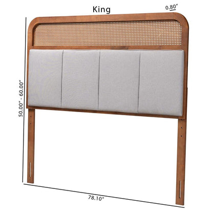 Light Grey Fabric and Ash Walnut Finished Wood King Size Headboard with Rattan