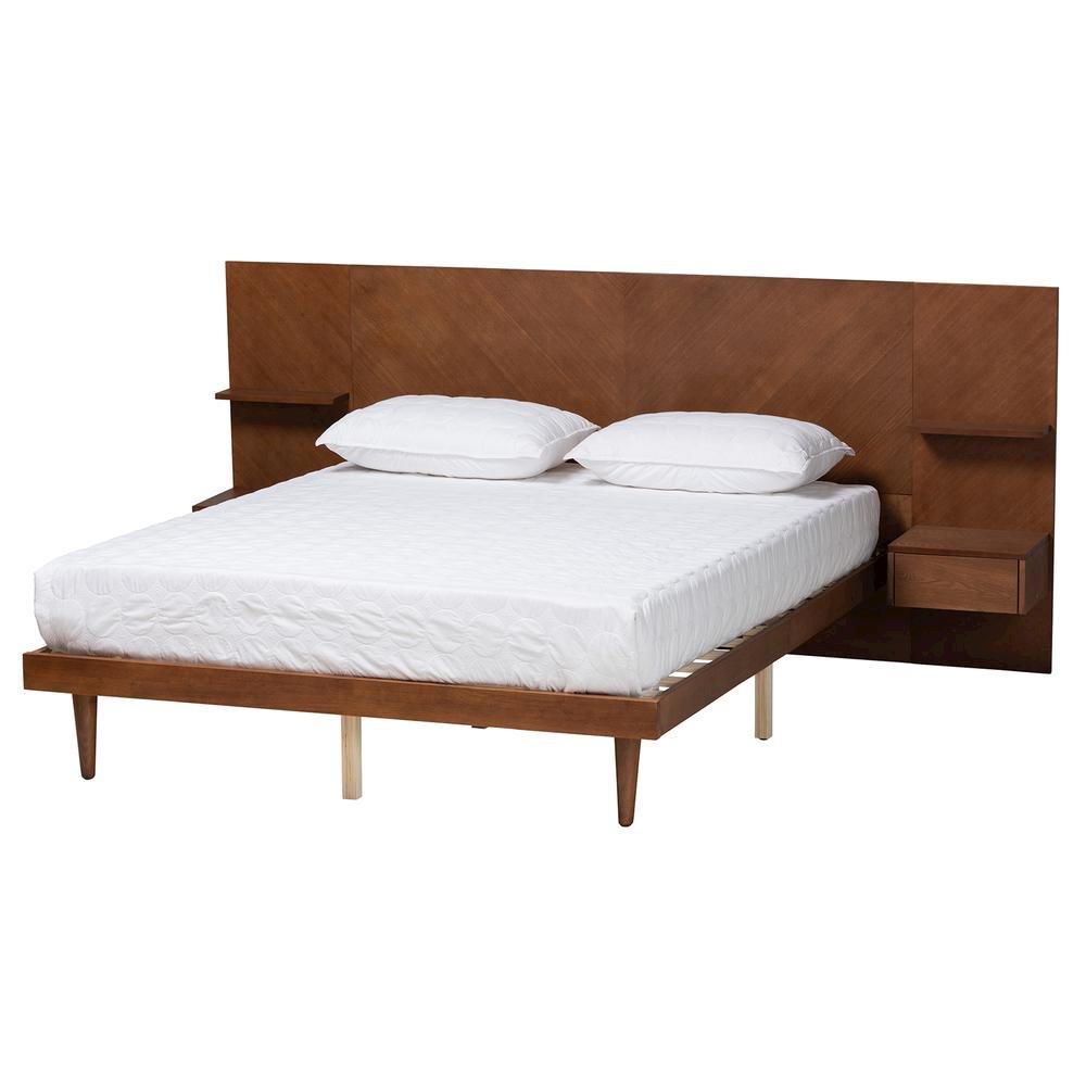 Walnut Finished Wood Queen Size Platform Storage Bed with Built-In Nightstands