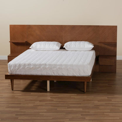 Walnut Finished Wood Queen Size Platform Storage Bed with Built-In Nightstands