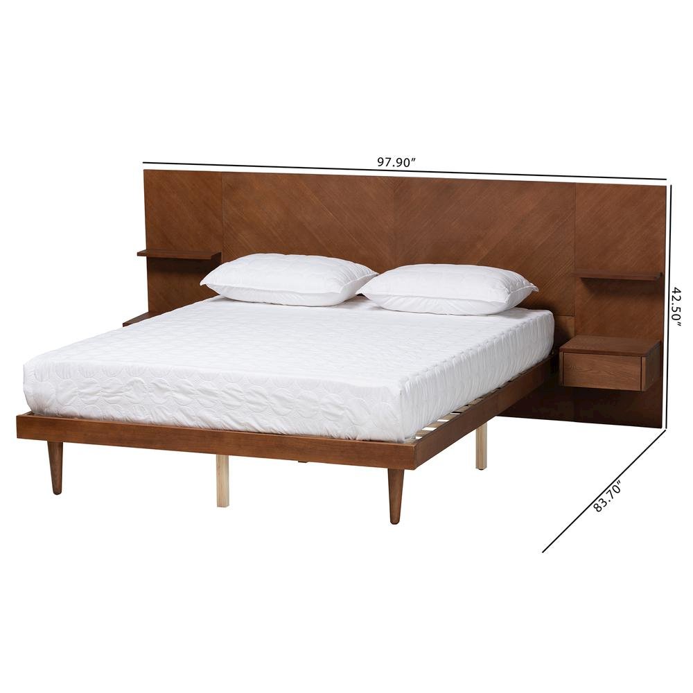 Walnut Finished Wood Queen Size Platform Storage Bed with Built-In Nightstands