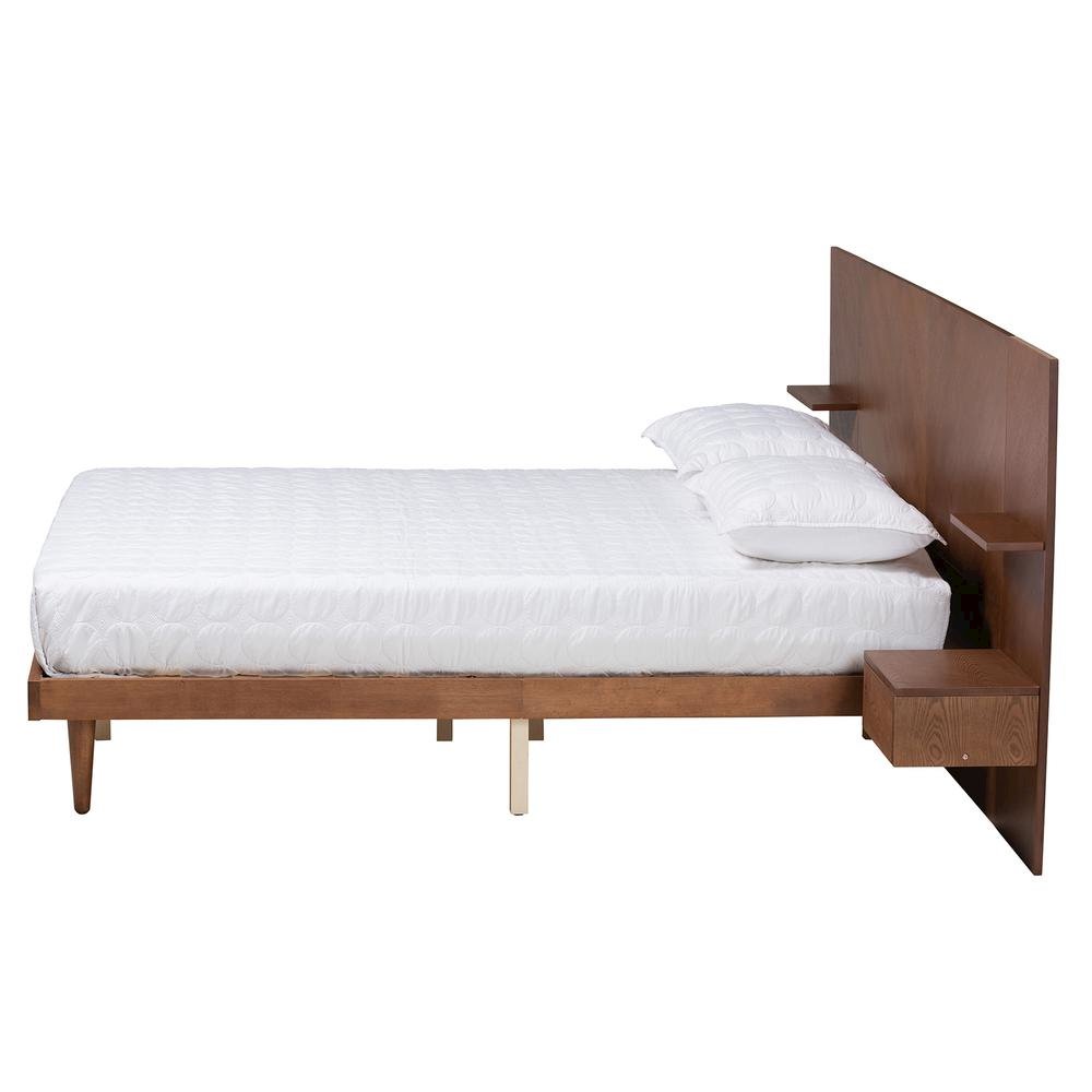 Walnut Finished Wood Queen Size Platform Storage Bed with Built-In Nightstands