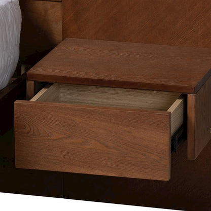 Walnut Finished Wood Queen Size Platform Storage Bed with Built-In Nightstands