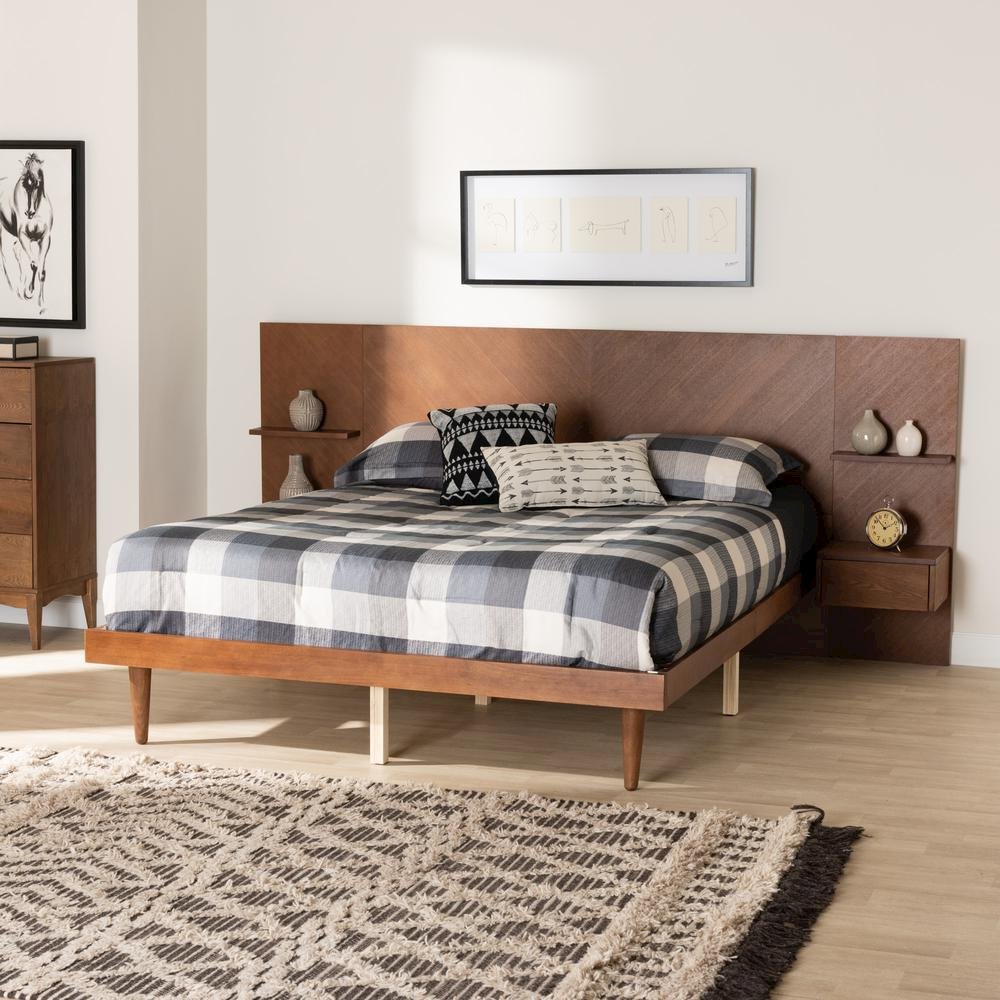 Walnut Finished Wood Queen Size Platform Storage Bed with Built-In Nightstands
