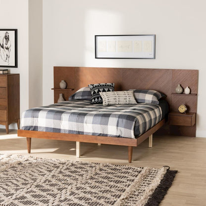Walnut Finished Wood Queen Size Platform Storage Bed with Built-In Nightstands