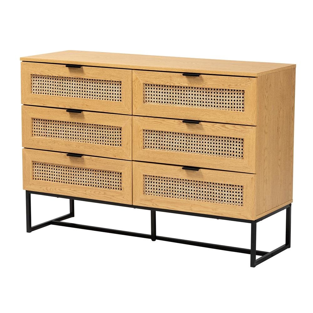 Black Metal 6-Drawer Storage Cabinet with Natural Rattan