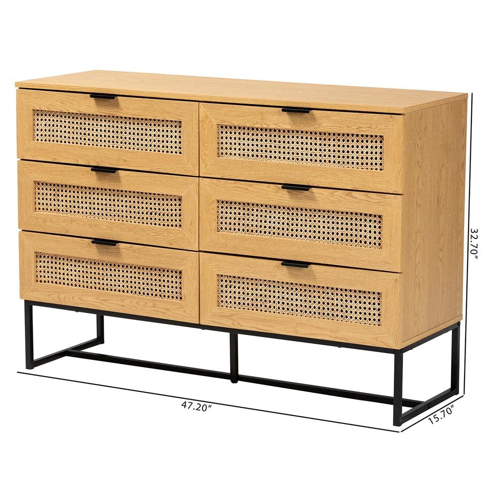 Black Metal 6-Drawer Storage Cabinet with Natural Rattan