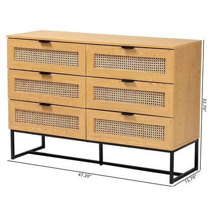 Black Metal 6-Drawer Storage Cabinet with Natural Rattan