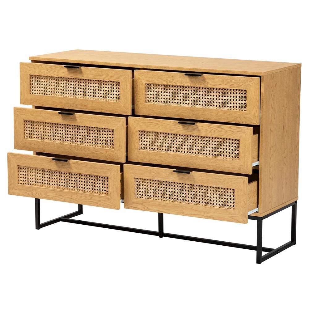 Black Metal 6-Drawer Storage Cabinet with Natural Rattan