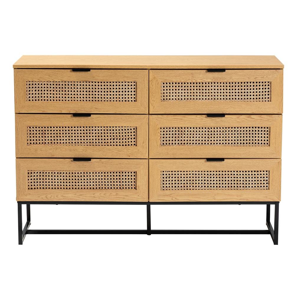 Black Metal 6-Drawer Storage Cabinet with Natural Rattan
