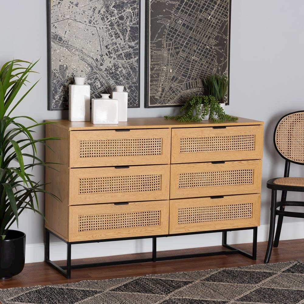 Black Metal 6-Drawer Storage Cabinet with Natural Rattan
