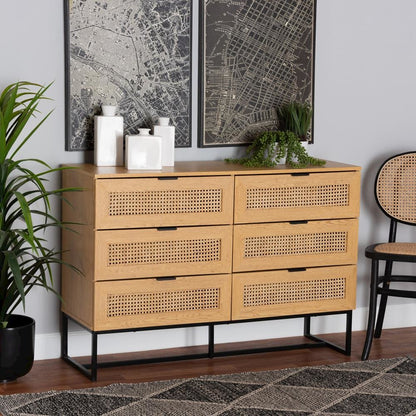 Black Metal 6-Drawer Storage Cabinet with Natural Rattan
