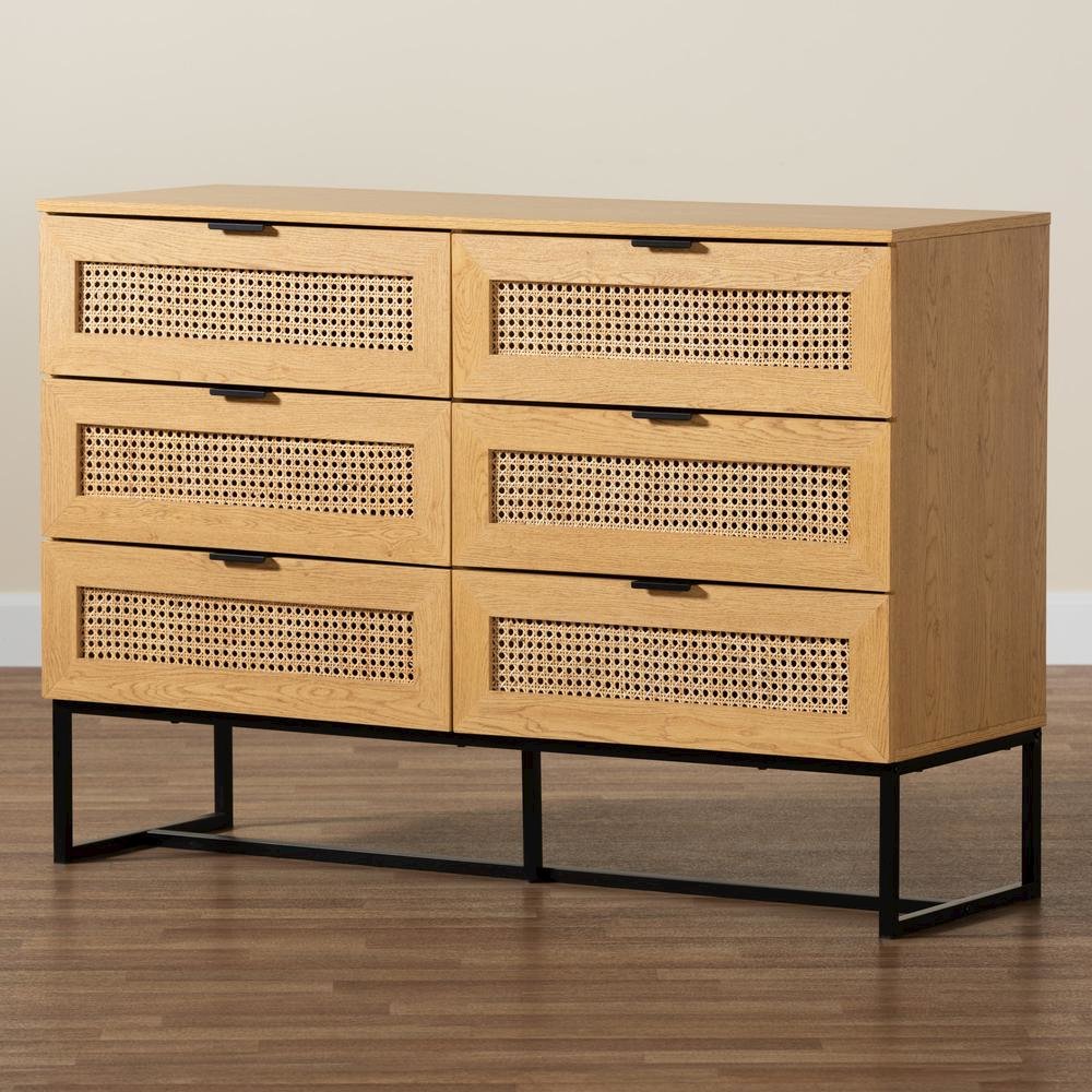 Black Metal 6-Drawer Storage Cabinet with Natural Rattan