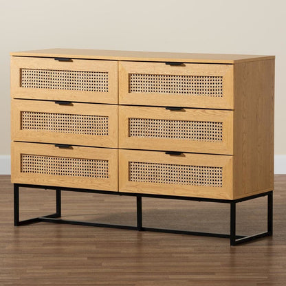 Black Metal 6-Drawer Storage Cabinet with Natural Rattan