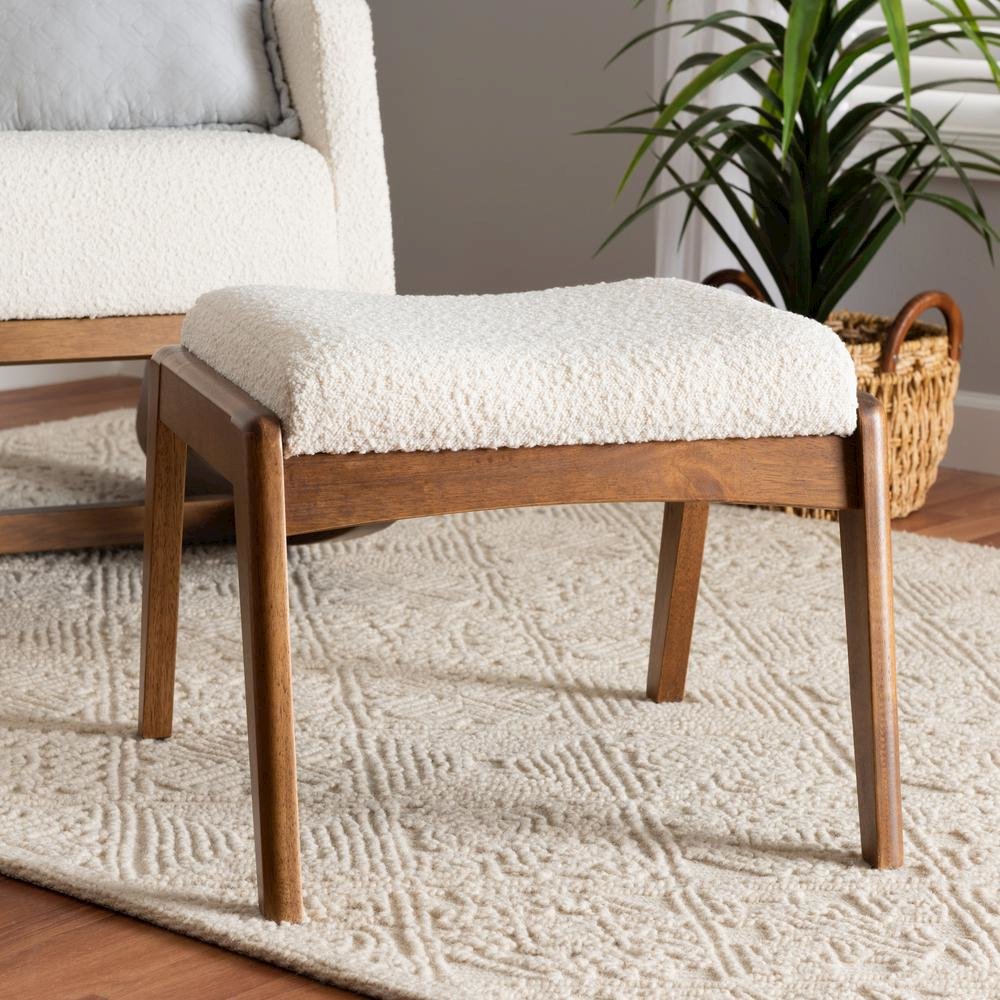 Off-White Boucle Upholstered and Walnut Brown Finished Wood Ottoman Footstool
