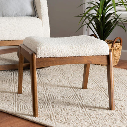 Off-White Boucle Upholstered and Walnut Brown Finished Wood Ottoman Footstool