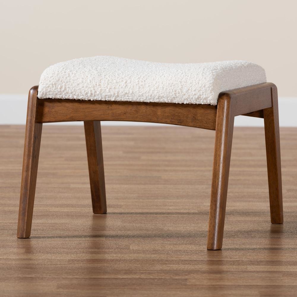 Off-White Boucle Upholstered and Walnut Brown Finished Wood Ottoman Footstool