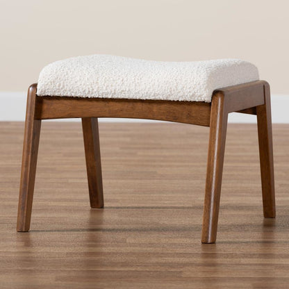 Off-White Boucle Upholstered and Walnut Brown Finished Wood Ottoman Footstool