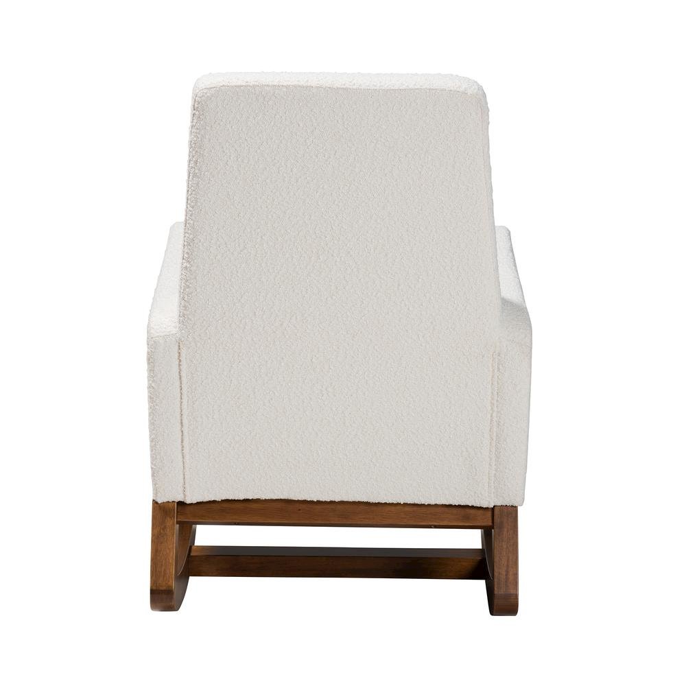 Off-White Boucle Upholstered and Walnut Brown Finished Wood Rocking Chair