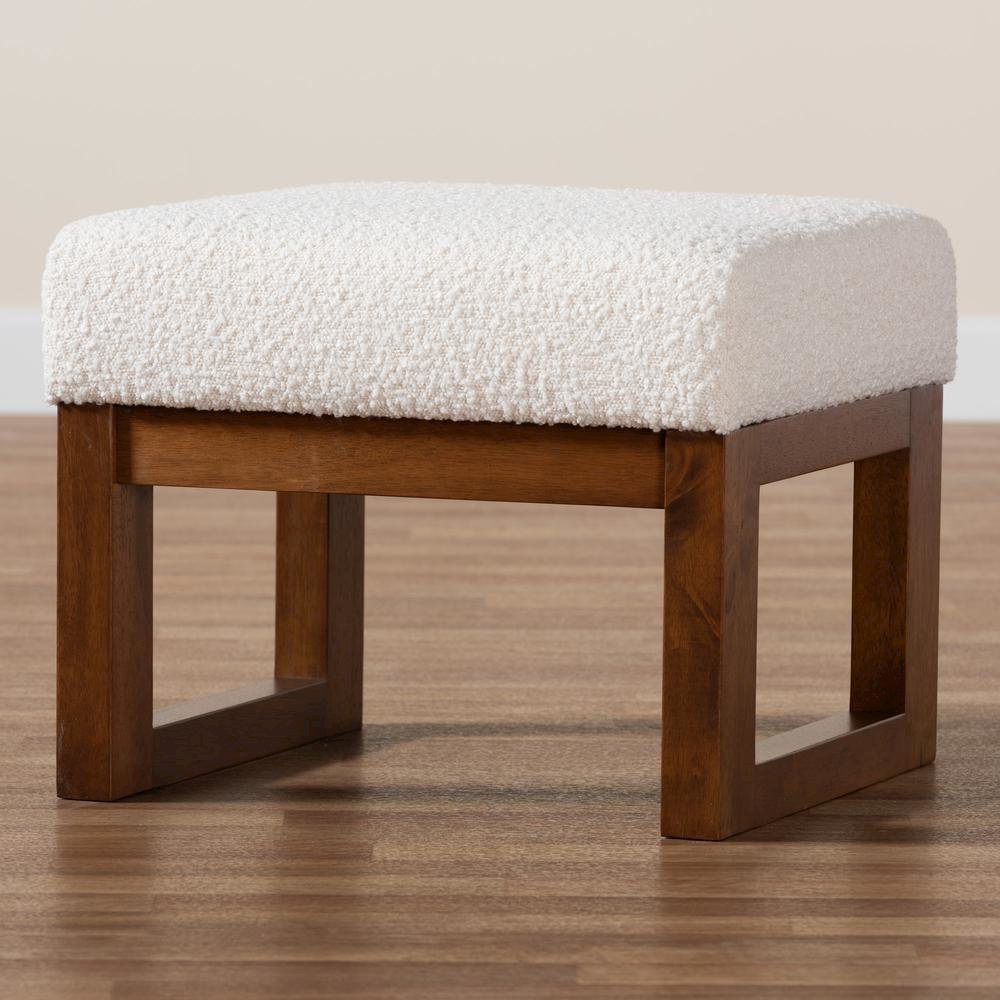 Off-White Boucle Upholstered and Walnut Brown Finished Wood Ottoman Footstool