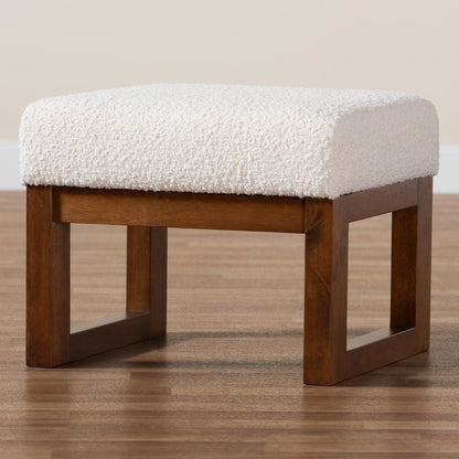 Off-White Boucle Upholstered and Walnut Brown Finished Wood Ottoman Footstool