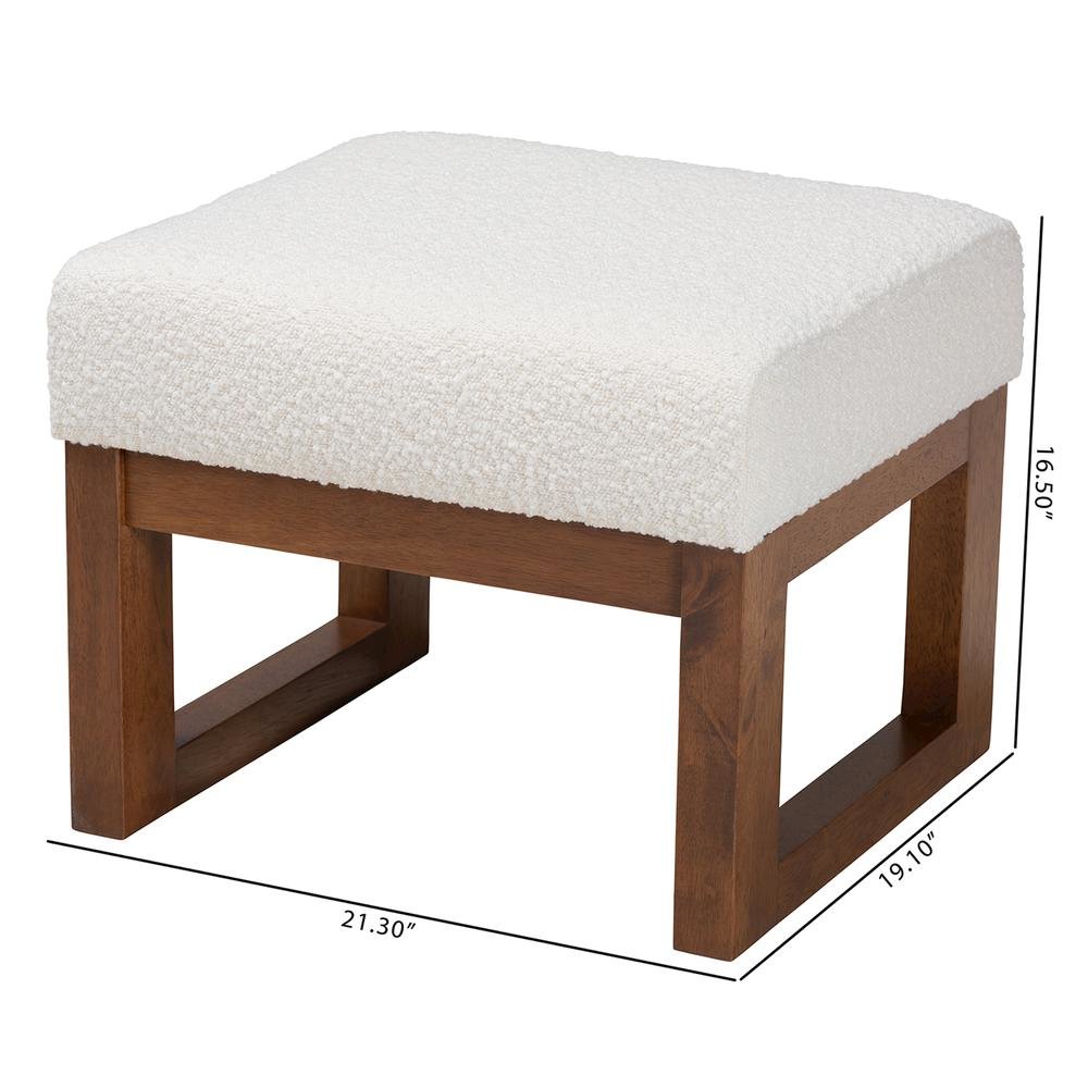 Off-White Boucle Upholstered and Walnut Brown Finished Wood Ottoman Footstool