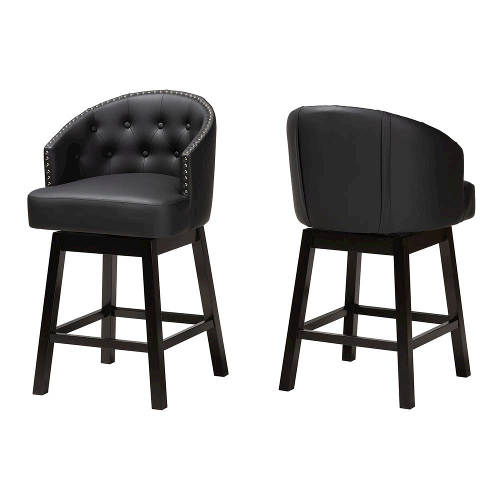 Leather and Espresso Brown Finished Wood 2-Piece Swivel Counter Stool Set