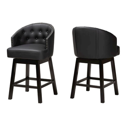 Leather and Espresso Brown Finished Wood 2-Piece Swivel Counter Stool Set