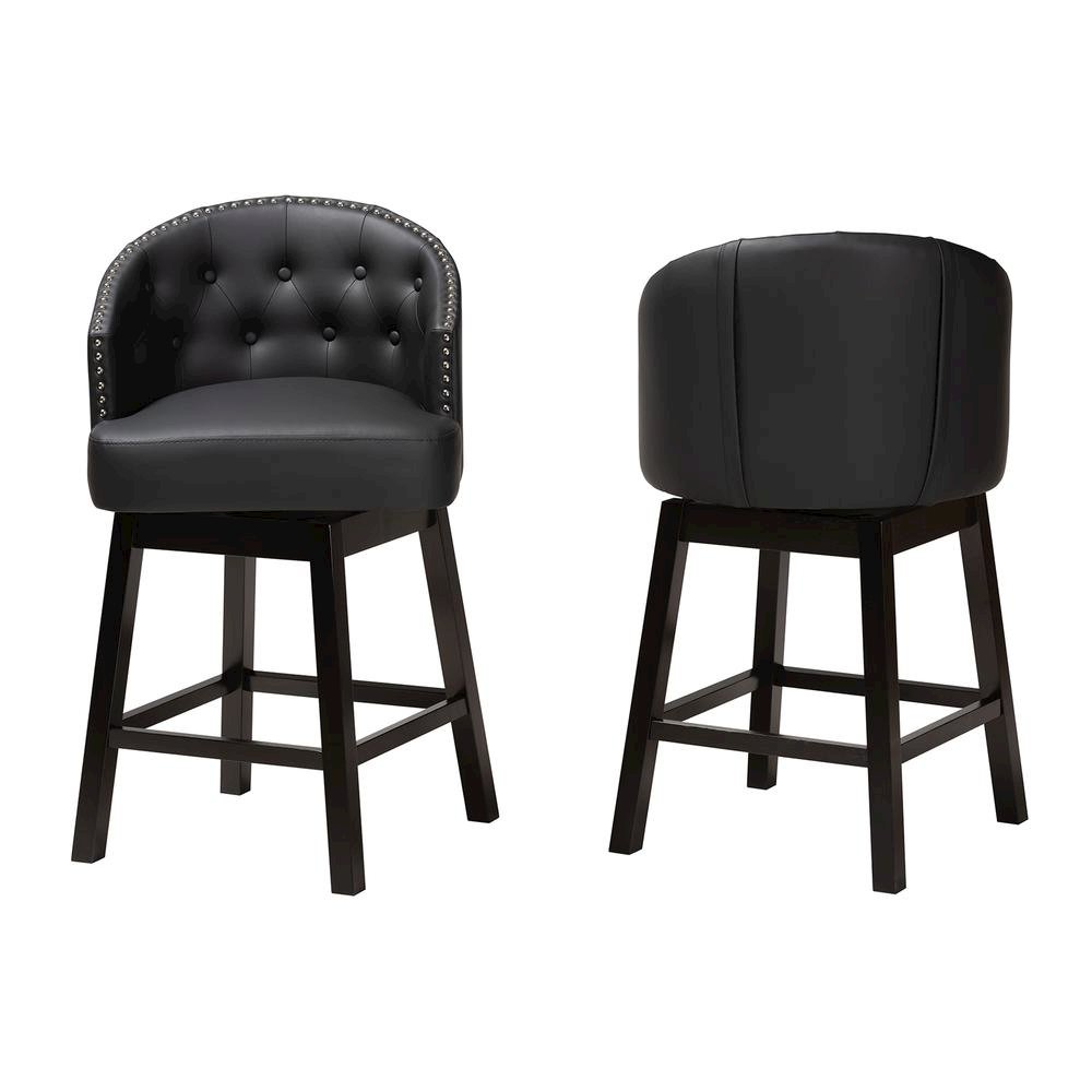 Leather and Espresso Brown Finished Wood 2-Piece Swivel Counter Stool Set