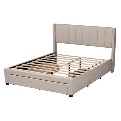 Transitional Beige Fabric Full Size 3-Drawer Storage Platform Bed