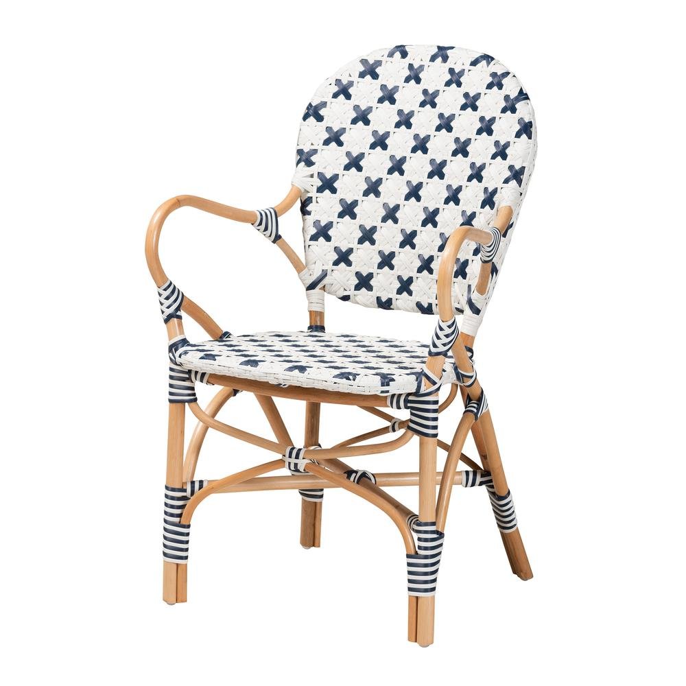 French Blue and White Weaving and Natural Rattan Bistro Chair