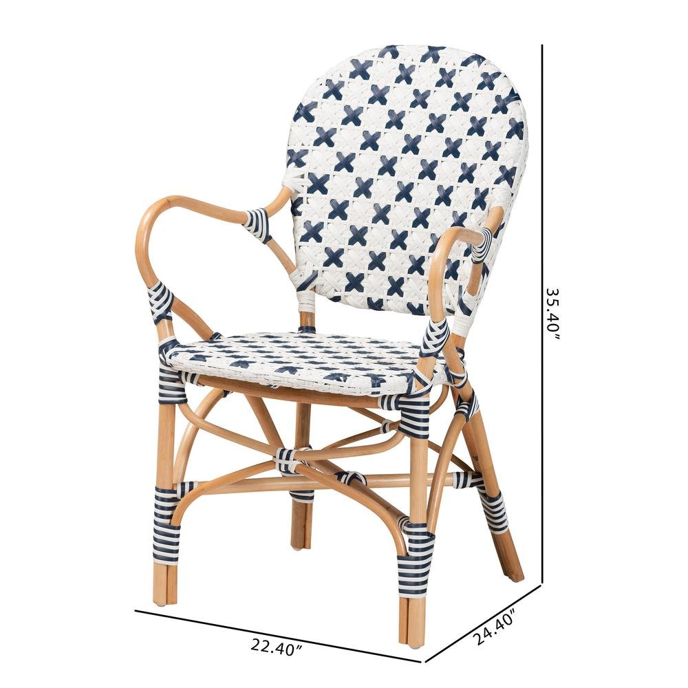 French Blue and White Weaving and Natural Rattan Bistro Chair