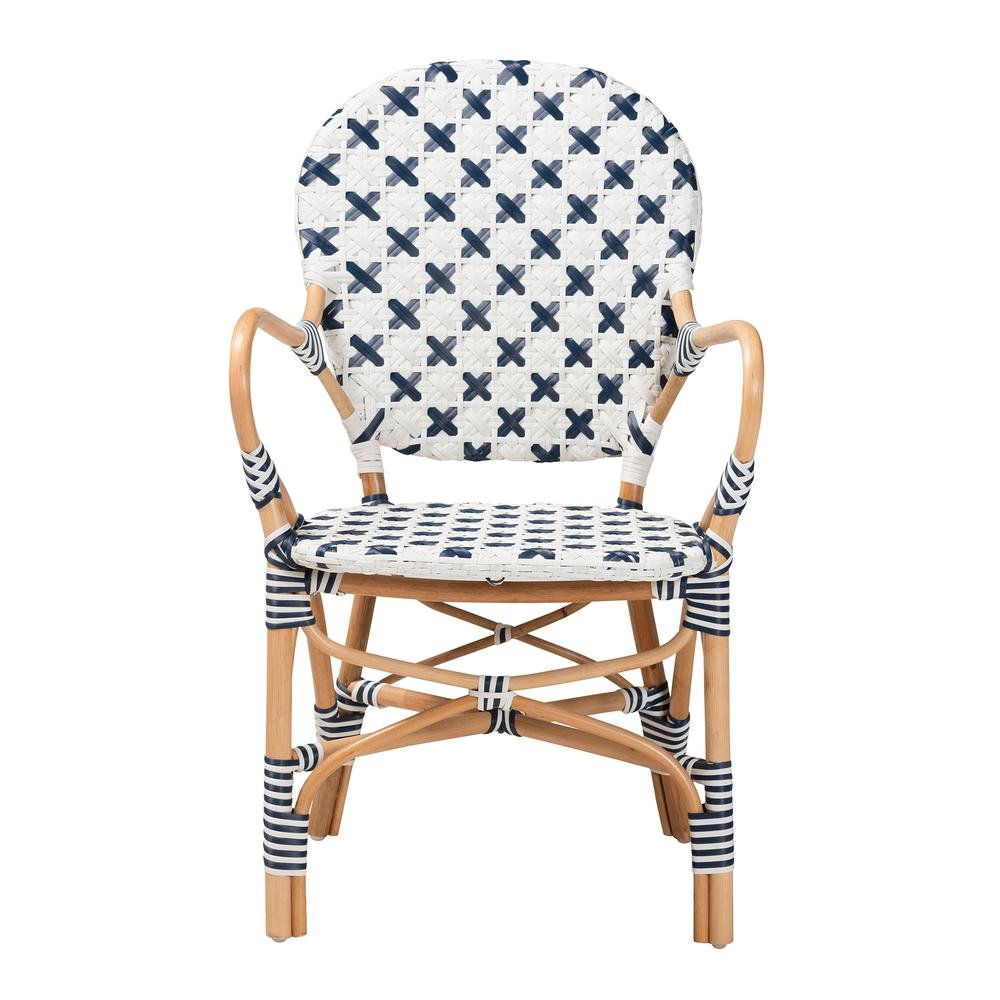 French Blue and White Weaving and Natural Rattan Bistro Chair