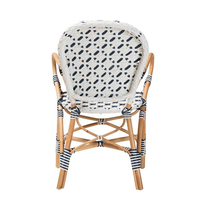French Blue and White Weaving and Natural Rattan Bistro Chair