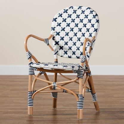 French Blue and White Weaving and Natural Rattan Bistro Chair