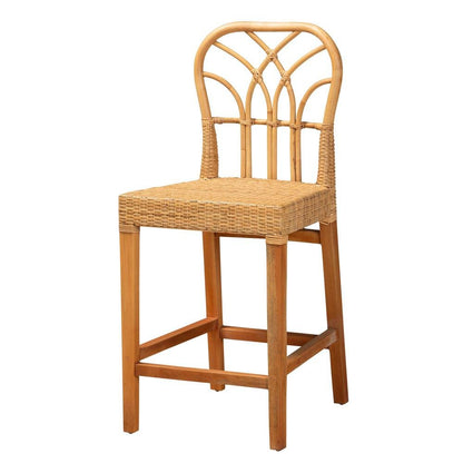Monaco Modern Bohemian Natural Rattan and Mahogany Wood Counter Stool