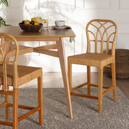 Monaco Modern Bohemian Natural Rattan and Mahogany Wood Counter Stool