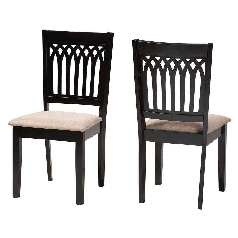 Beige Fabric and Dark Brown Finished Wood 2-Piece Dining Chair Set