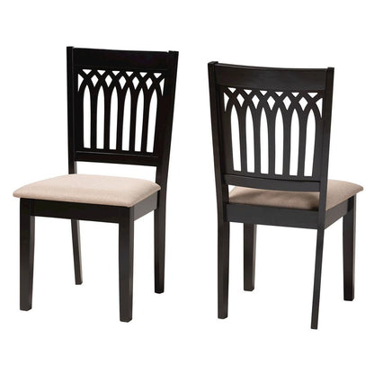 Beige Fabric and Dark Brown Finished Wood 2-Piece Dining Chair Set