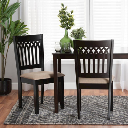 Beige Fabric and Dark Brown Finished Wood 2-Piece Dining Chair Set