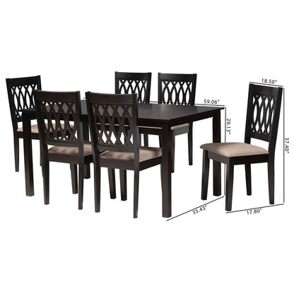 Beige Fabric and Espresso Brown Finished Wood 7-Piece Dining Set