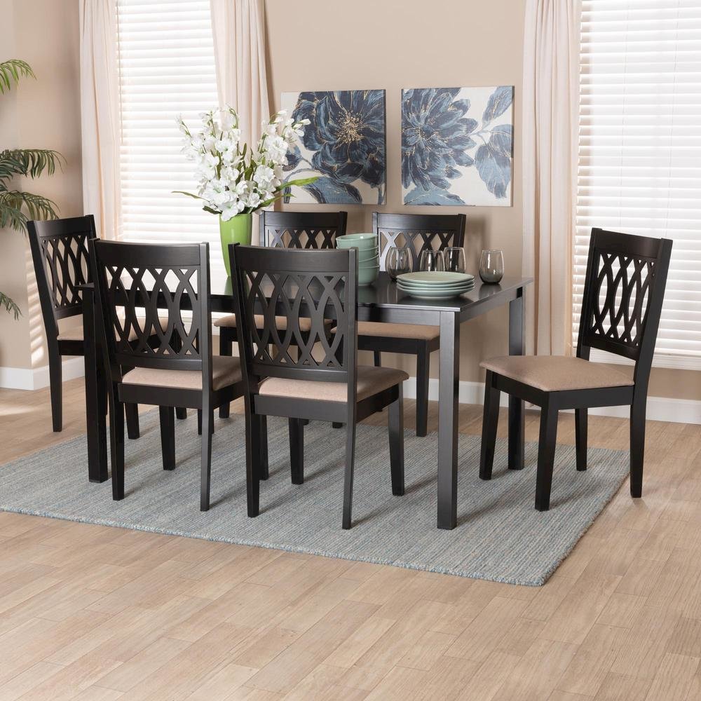 Beige Fabric and Espresso Brown Finished Wood 7-Piece Dining Set